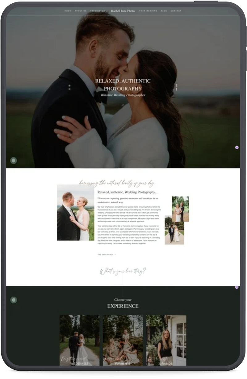 Rachel Jane Photography mockup: "Custom WordPress website design for Rachel Jane Photography, a wedding photographer, shown on a tablet"